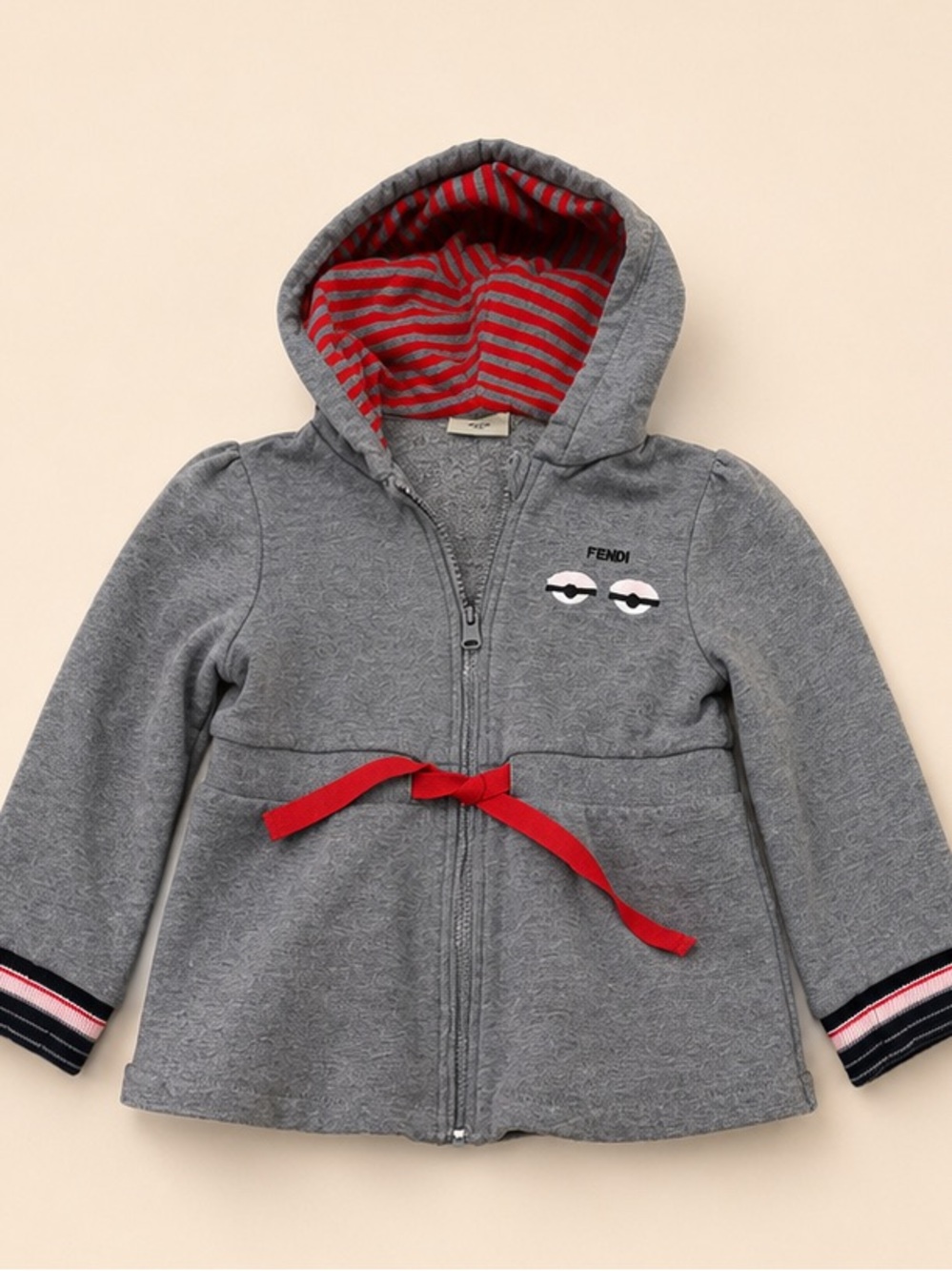 Fendi Gray Hooded Girls Zip Jacket with Red Ribbon and Striped Lining